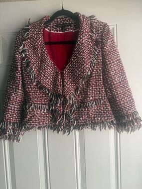 White House Black Market Red Black White Fringed Tweed Cropped Blazer